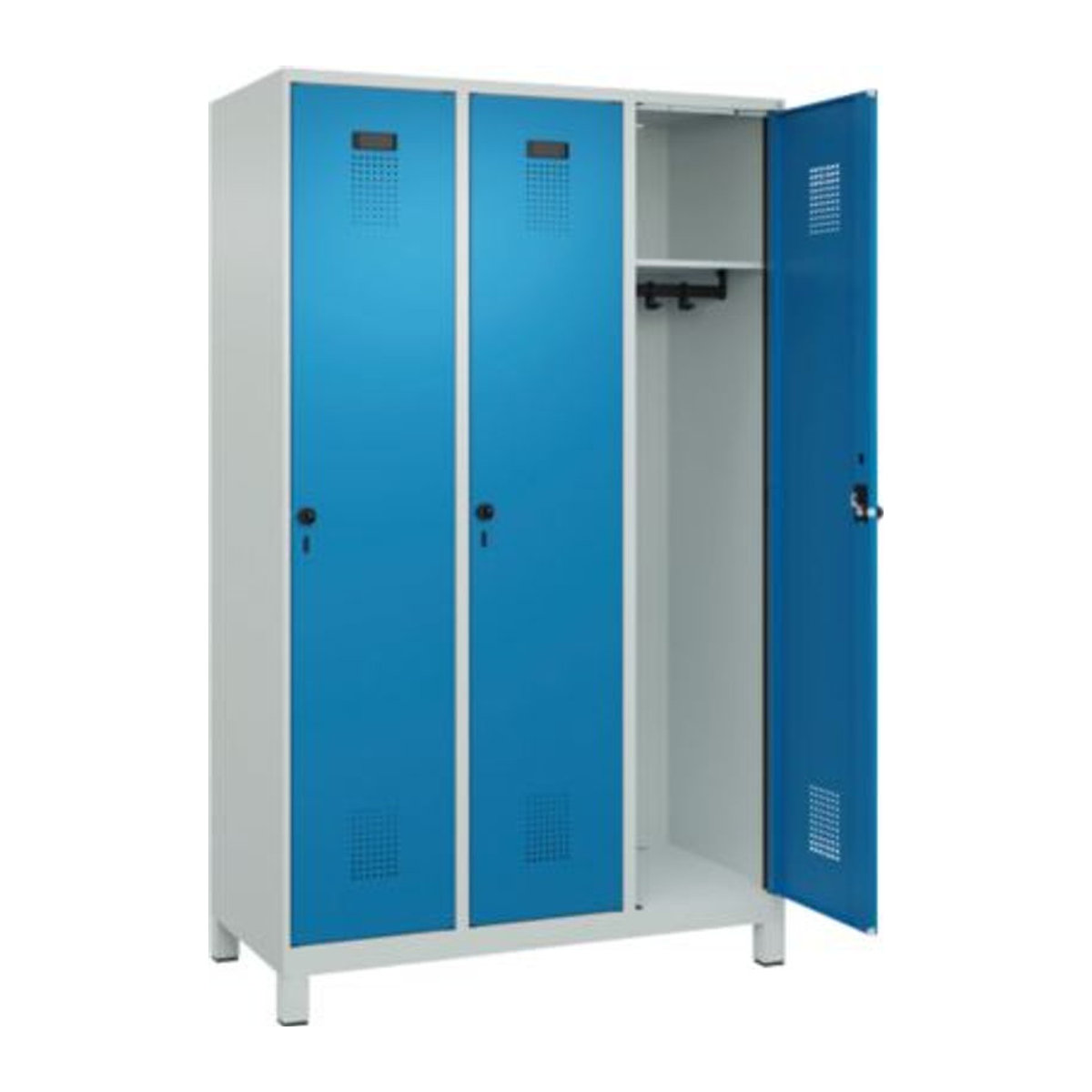 Kleiderspind C+P Evolo Plus mit 3 Abteilen, Drehtüren und Füßen, B/T/H: 120 x 50 x 195 cm, grau/blau - Bild 3