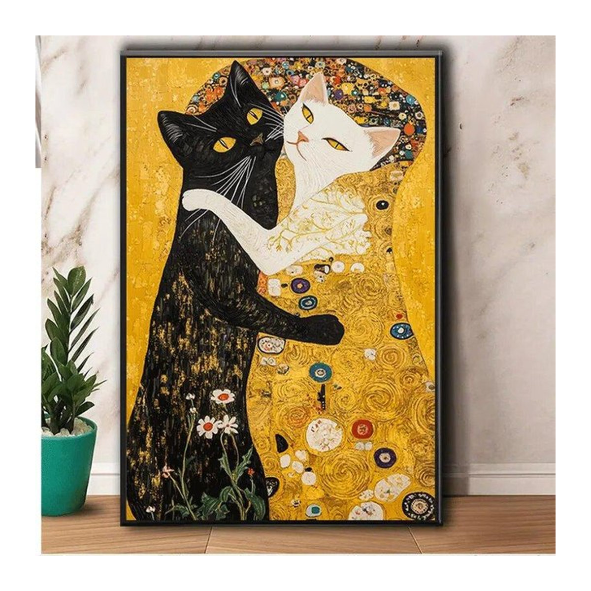 Klimt-inspiriertes Katzen-Poster in Schwarz-Weiß aus Polyester zur Wanddekoration für dein Heim oder Büro, B: 100 cm, H: 70 cm - Bild 1