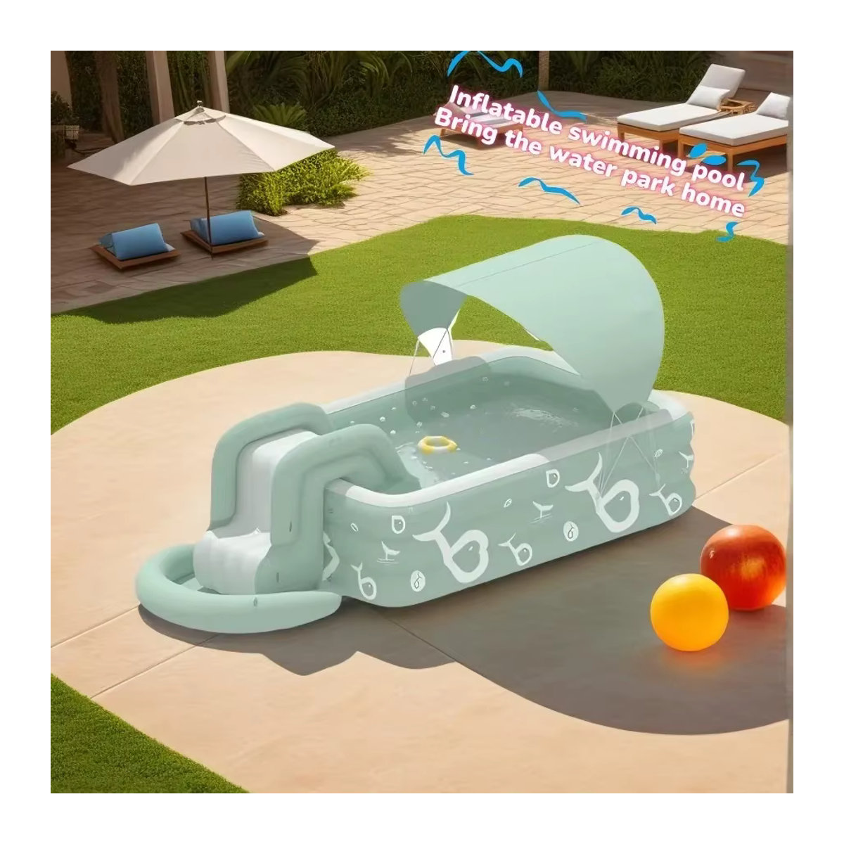 Kmoist Aufblasbares Schwimmbad mit Wasserrutsche aus PVC für Kinder und Erwachsene - Bild 2