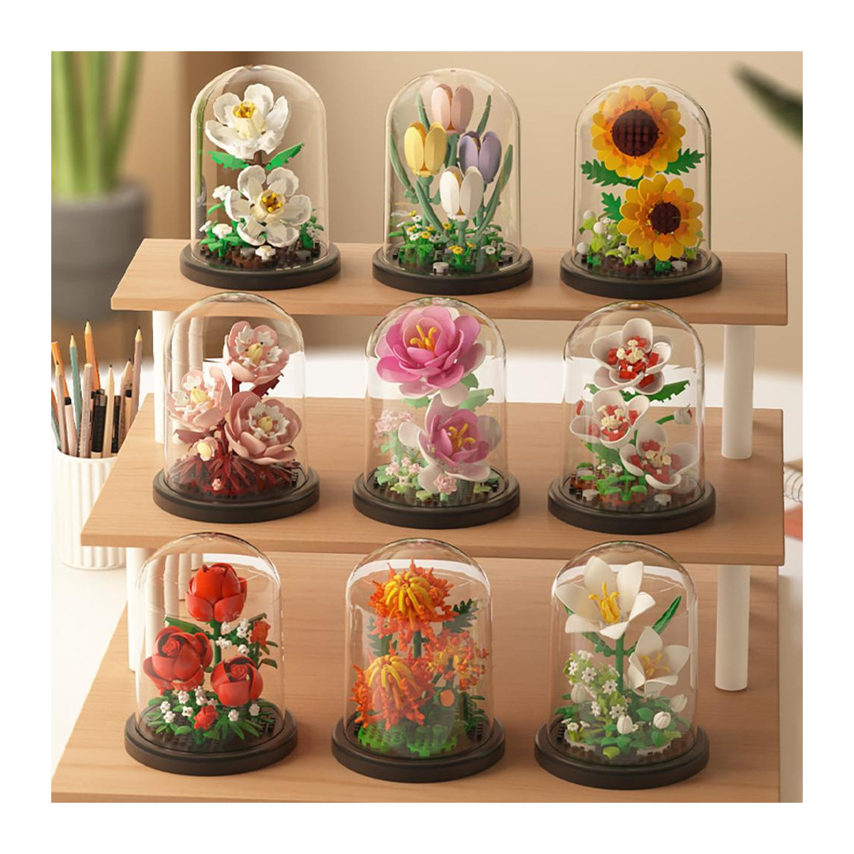 KNEW BUILT Mikro-Mini Baustein Spielzeug Pfingstrose Ewige Blume mit Staubschutz zur Heimdeko - Bild 1