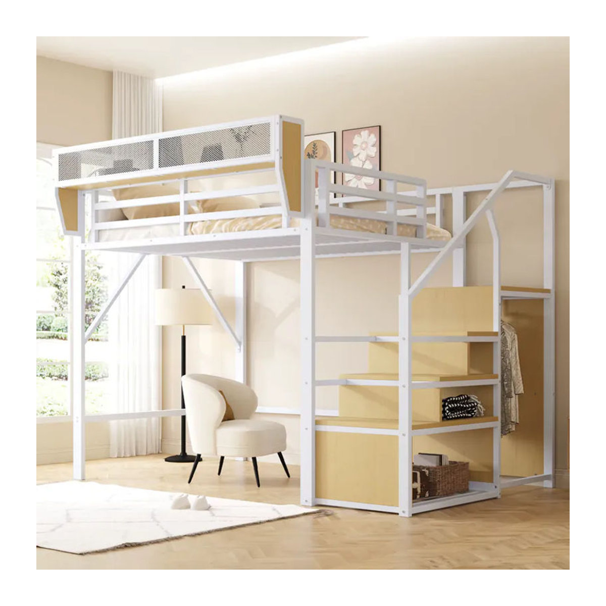KOMHTOM Metall Hochbett mit Sicherheitsleiter und flexiblem Staufach für Kinder und Erwachsene, B/L: 140 x 200 cm - Bild 3