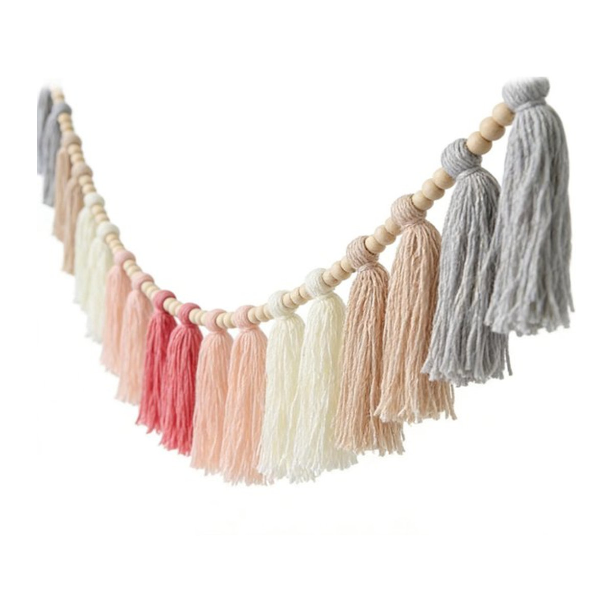 Koogeelife Boho Quasten-Girlande mit Holzperlen und Baumwollseil als Wandbehang in Rosafarben für Kinderzimmer und Schlafzimmer - Bild 1