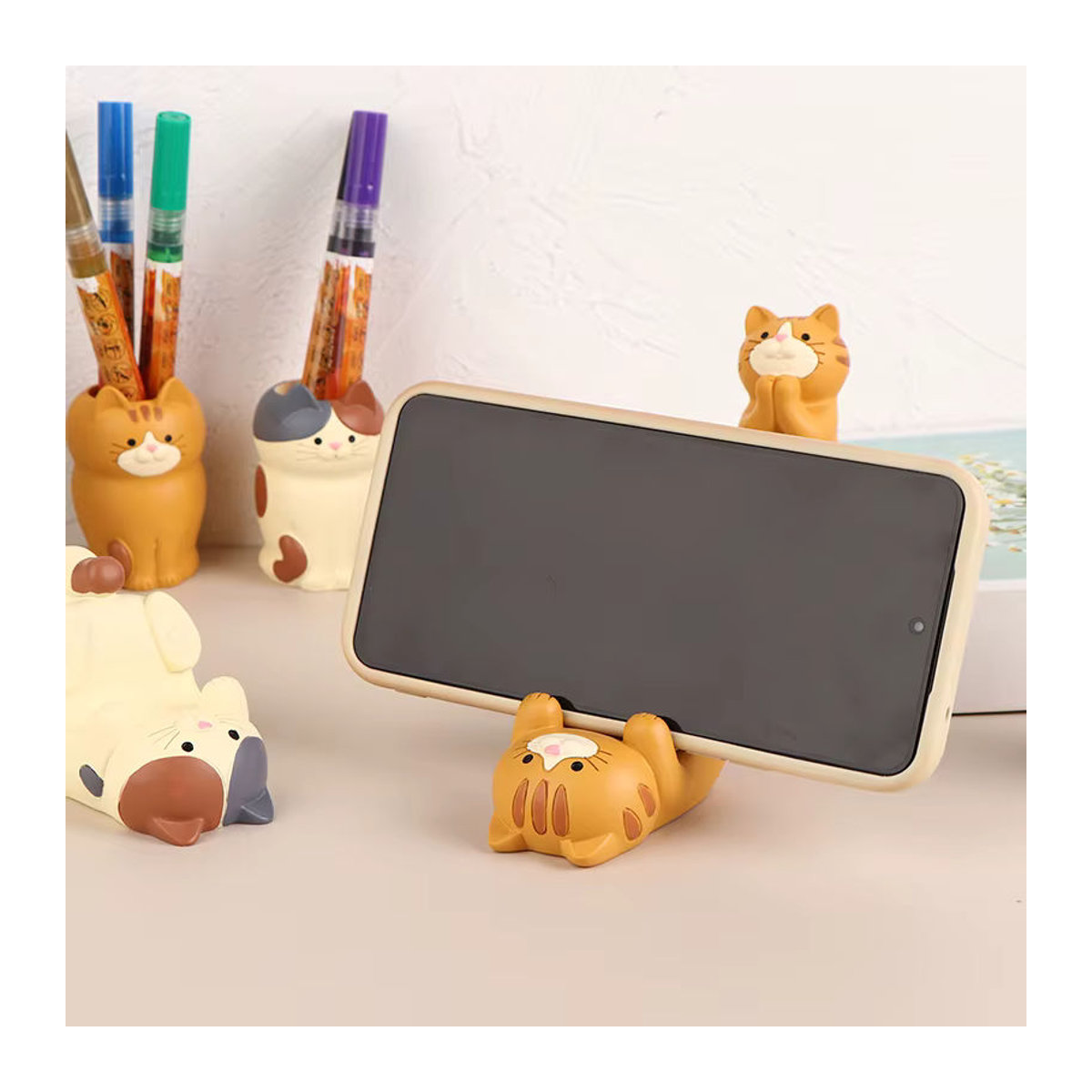 KOQZM Katze Desktop-Halter aus Kunstharz in Weiß im Japanischen Stil als Dekoration für Schreibwaren und Handy - Bild 4