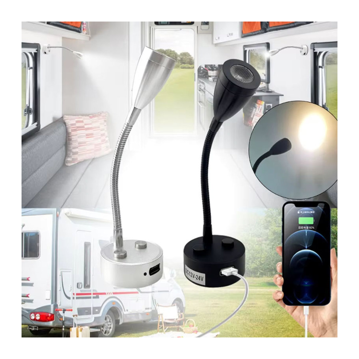 KOU JIANG Flexible Schwanenhals-Wandleuchte mit LED-Leselicht und Touch-Schalter in Schwarz, Neutralweiß - Bild 2