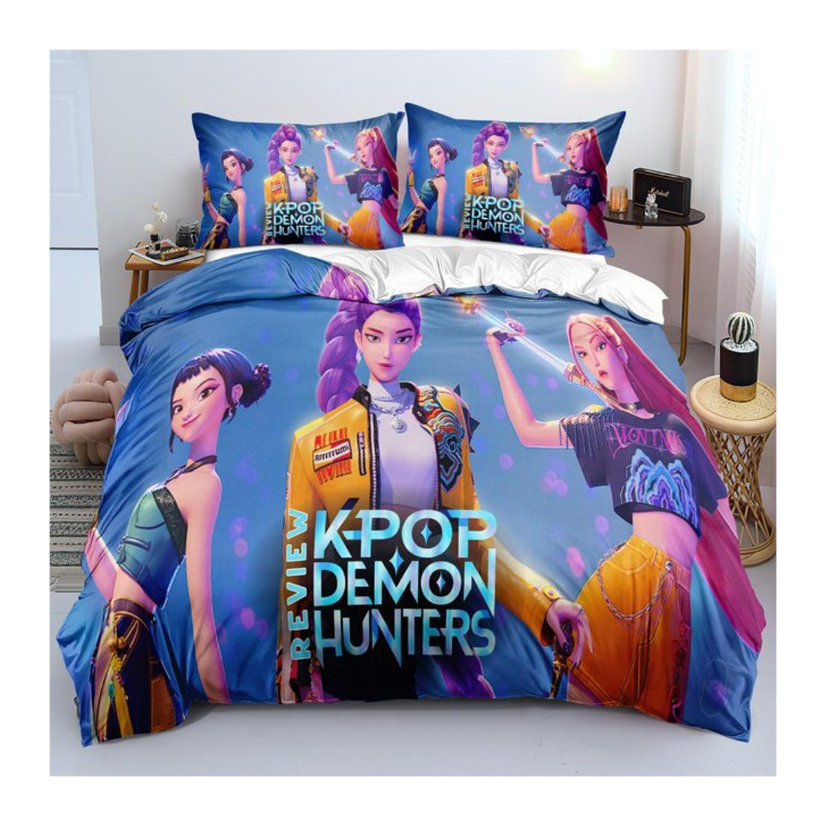 Kpop Dämonenjäger Bettwäscheset Luxus Rumi Mira Zoey mit Reißverschluss, Bettbezug und Kissenbezug für dein Schlafzimmer, B/H: 140 x 210 cm - Bild 1