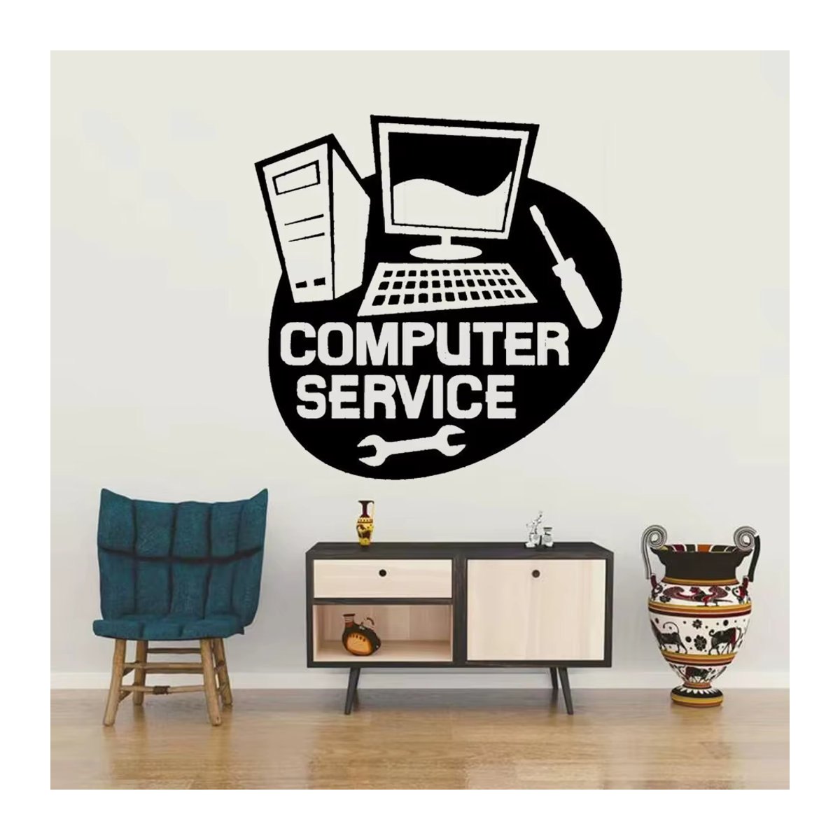 Kreativer Computer Service Reparatur Wandaufkleber aus Vinyl in Schwarz, abnehmbares Wandbild für Fenster und Innenräume, B/H: 42 x 42 cm - Bild 2