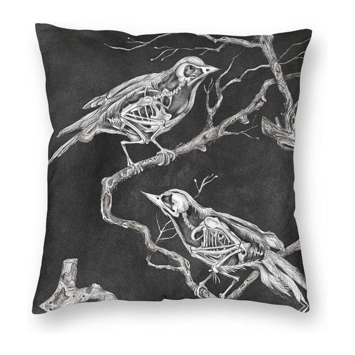 Kreativer Kissenbezug mit Vögel-Knochen-Skelett Motiv aus Polyester-Leinen-Samt in Peach Skin, B/H: 45 x 45 cm - Bild 1