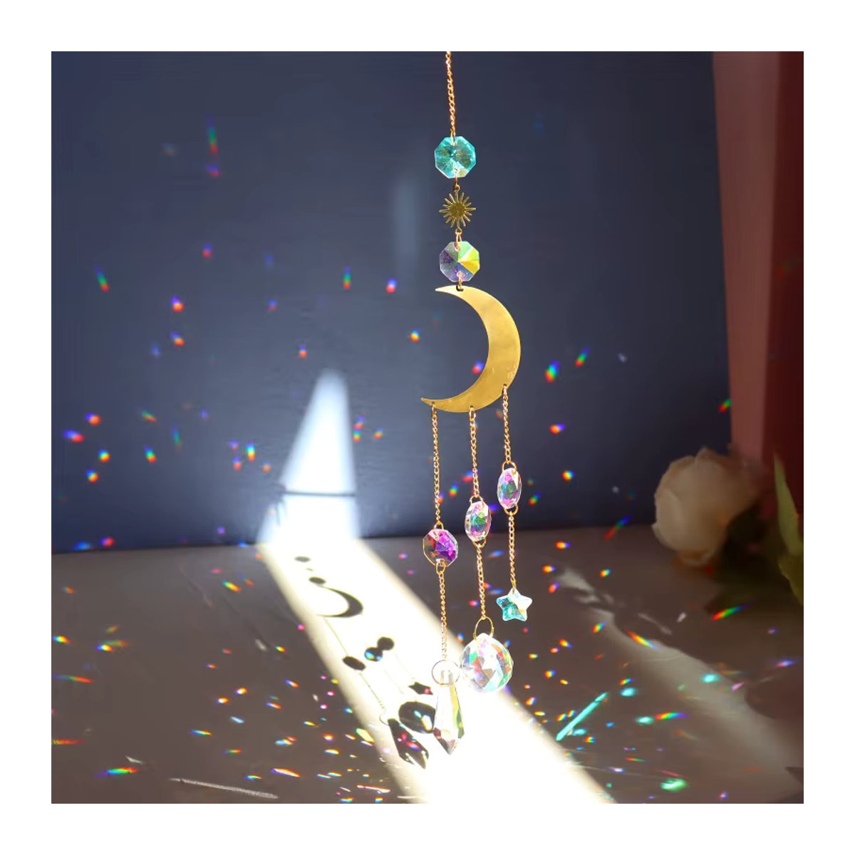 Kristall Sonnenfänger mit Mond, Sonne und Stern in Gold als Windspiel-Anhänger für Garten und Hof - Bild 1