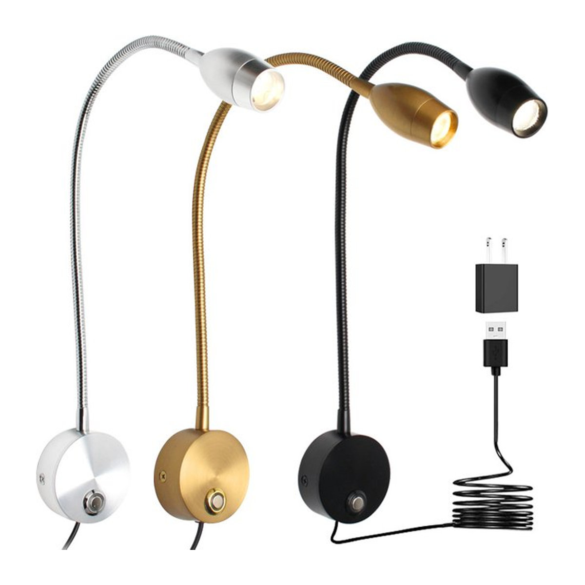 Ksdligh Dimmbare Flexible Schwanenhals Wandlampe mit Schalter und USB-Anschluss in Schwarz aus Metall - Bild 1