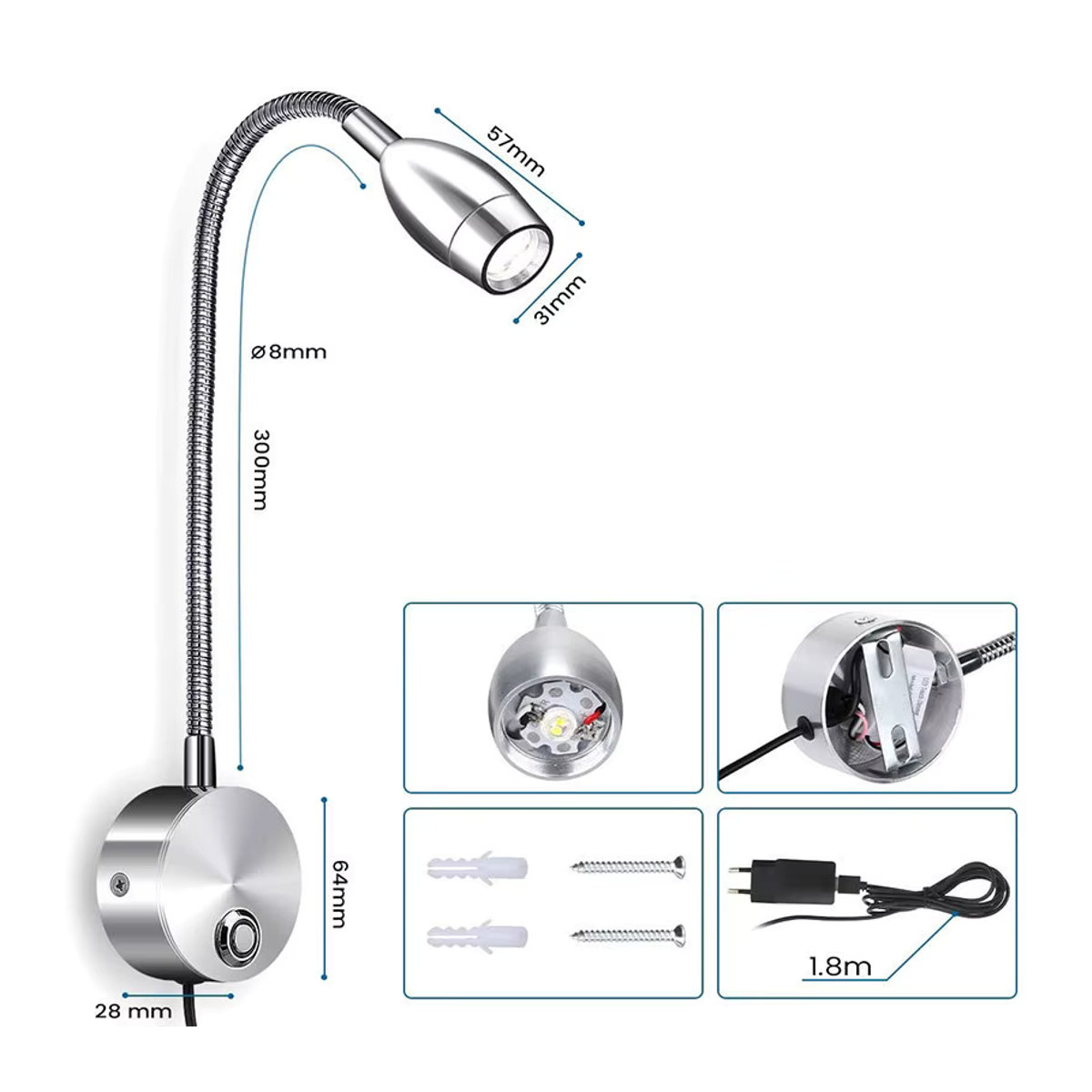 Ksdligh Dimmbare Flexible Schwanenhals Wandlampe mit Schalter und USB-Anschluss in Schwarz aus Metall - Bild 2