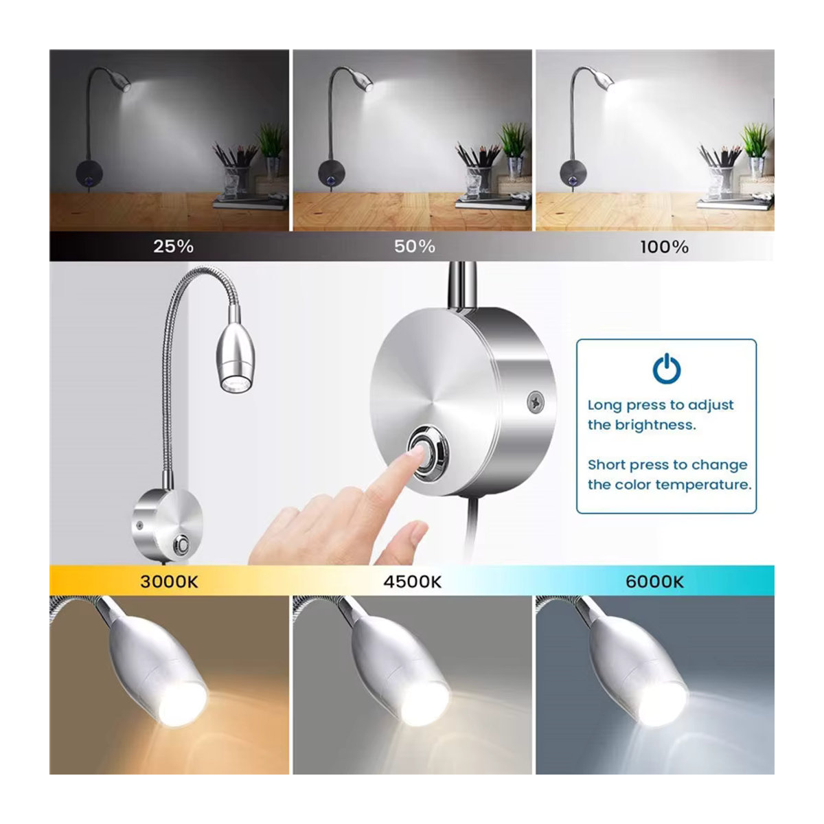 Ksdligh Dimmbare Flexible Schwanenhals Wandlampe mit Schalter und USB-Anschluss in Schwarz aus Metall - Bild 3