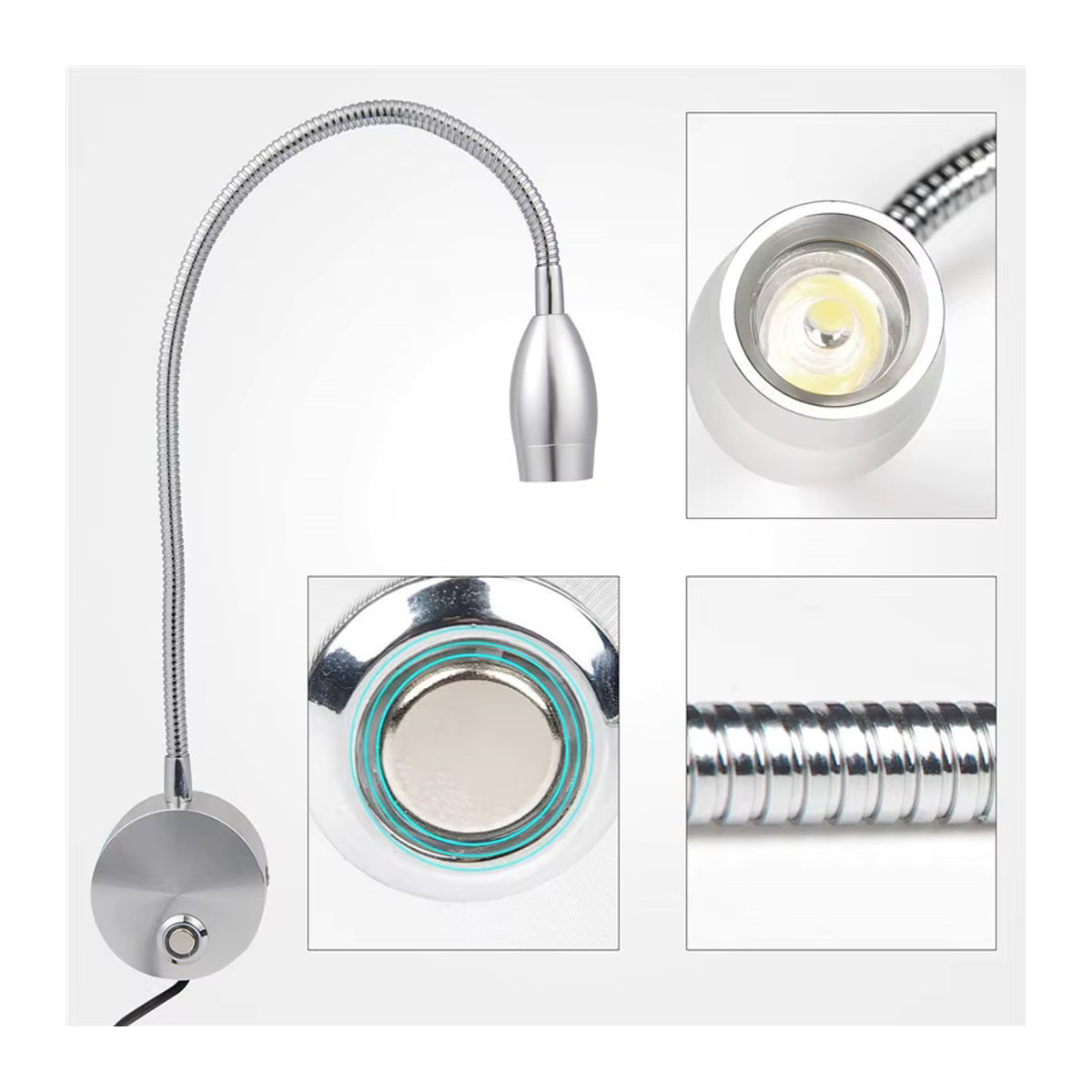Ksdligh Dimmbare Flexible Schwanenhals Wandlampe mit Schalter und USB-Anschluss in Schwarz aus Metall - Bild 4