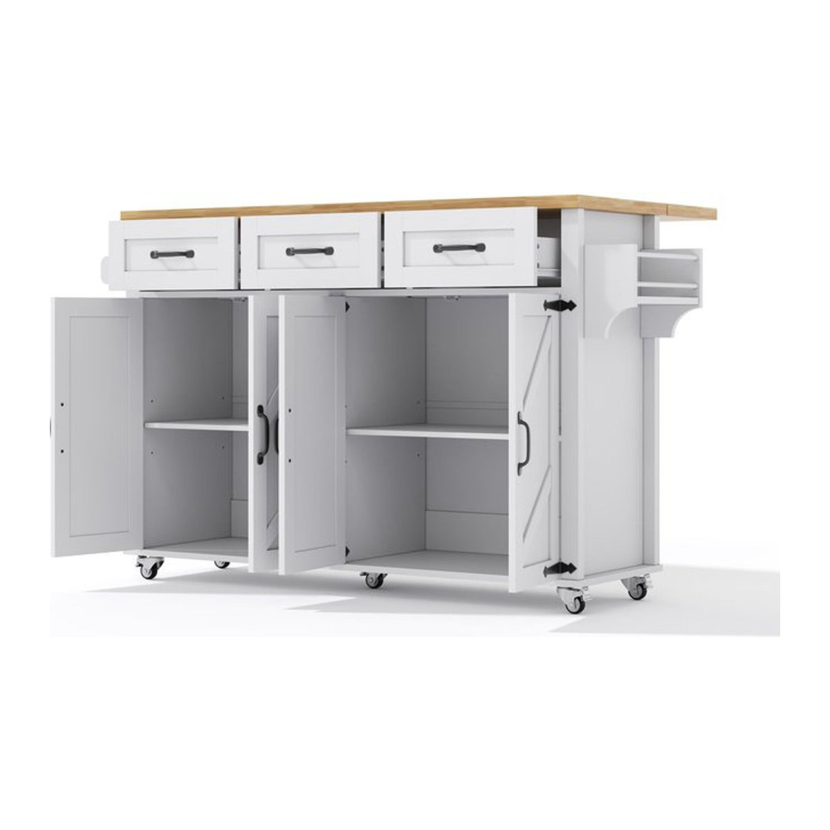 Kücheninsel von TG Electrical DE im Landhausstil mit klappbarer Arbeitsplatte, 4 Türen, 3 Schubladen und doppelseitigen Handtuchhaltern, Farbe: Weiß und Natur, B/T/H: 140 x 43/70 x 90,5 cm - Bild 1