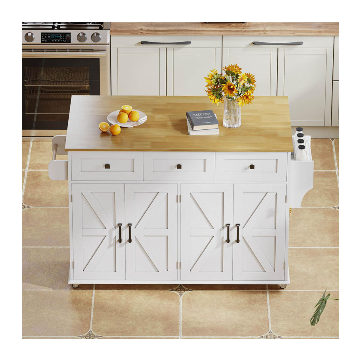 Kücheninsel von TG Electrical DE im Landhausstil mit klappbarer Arbeitsplatte, 4 Türen, 3 Schubladen und doppelseitigen Handtuchhaltern, Weiß/Natur, B: 140 cm, T: 43/70 cm, H: 90.5 cm - Bild 2
