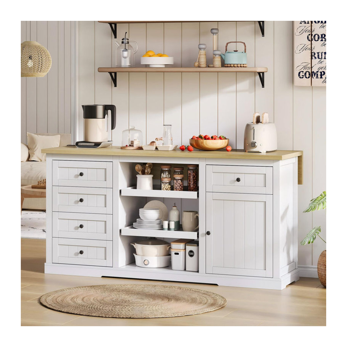 Kücheninsel von TG Electrical DE in Weiß mit klappbarer Erweiterungsplatte, 5 Schubladen und 2 Ausziehböden im modernen Landhausstil, B/T/H: 150 x 45/65 x 75,5 cm - Bild 1
