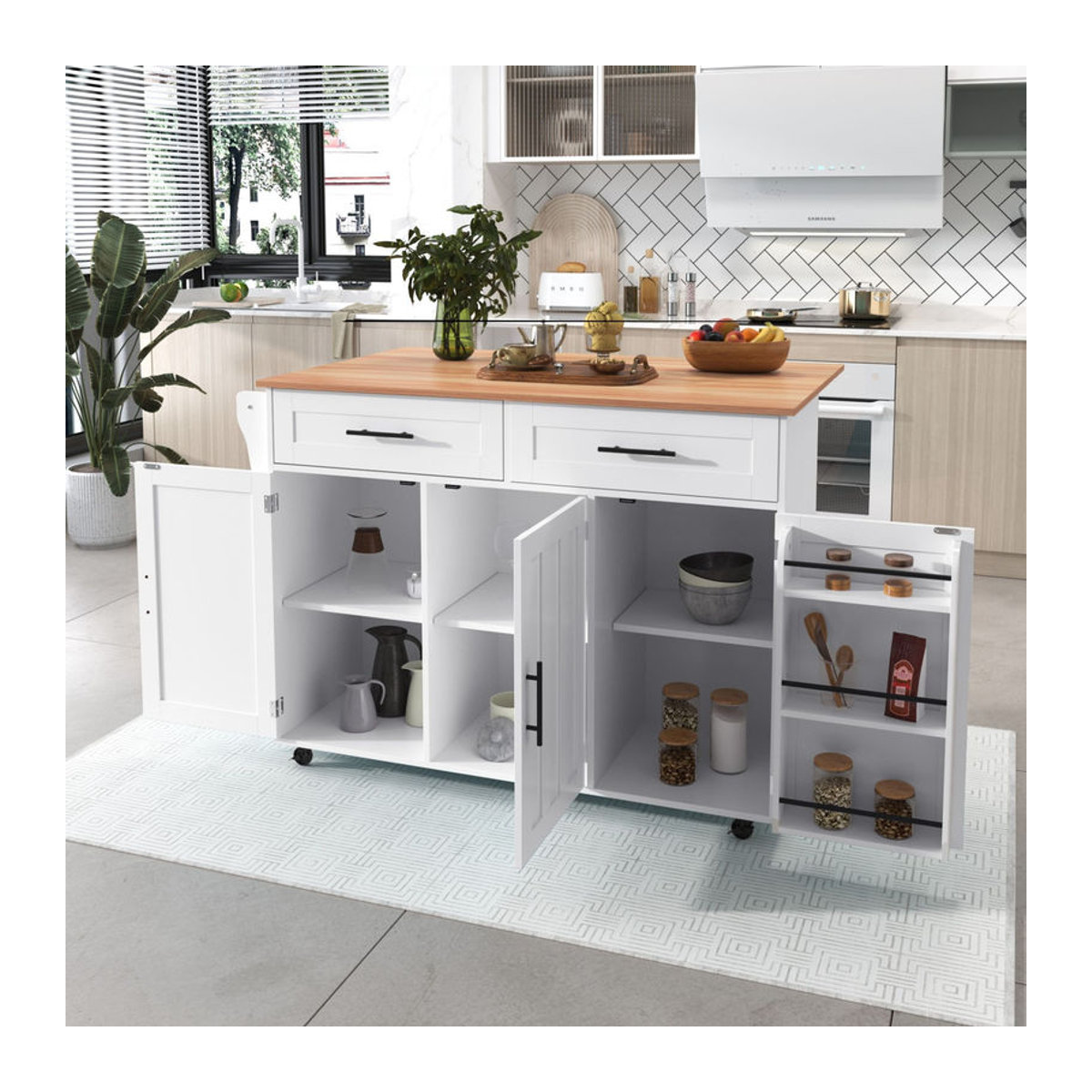 Kücheninsel von TG Electrical DE in Weiß und Natur mit klappbarer Verlängerungsplatte und Rollen, B/T/H: 129 x 46/71 x 91,5 cm - Bild 2
