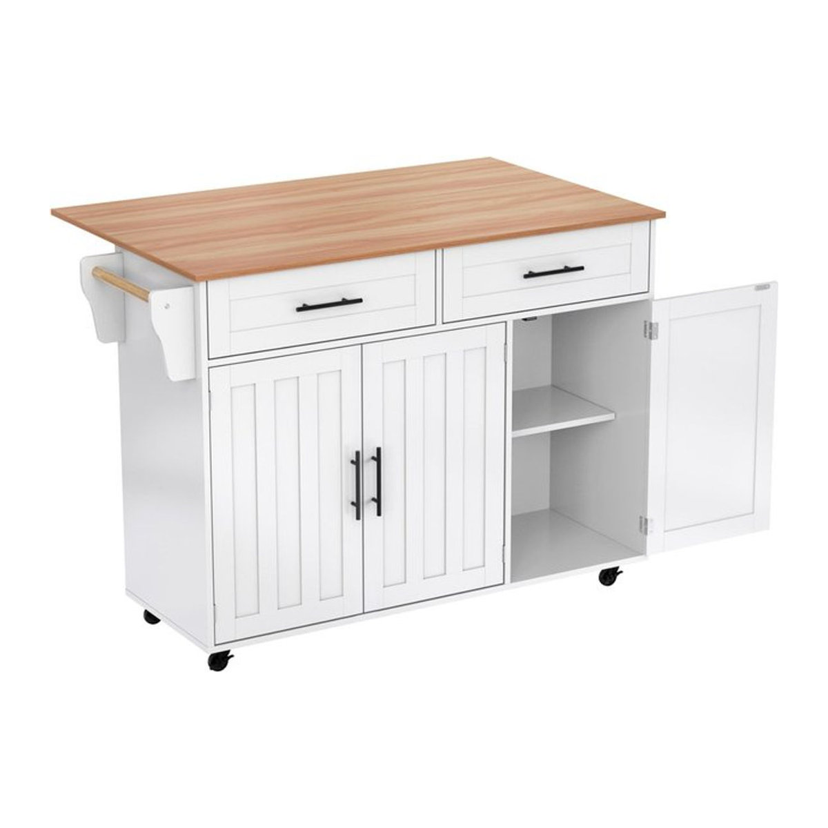 Kücheninsel von TG Electrical DE mit ausklappbarer Klapptischplatte und 5 Rollen, Landhausstil, Weiß und Natur, B/T/H: 129 x 46 x 91,5 cm bis 71 x 91,5 cm - Bild 1