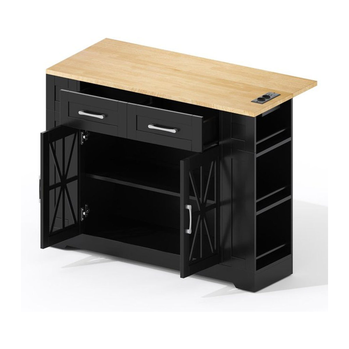 Kücheninsel von TG Electrical DE mit klappbarem Esstisch und erweiterbarer Arbeitsfläche in Schwarz und Naturfarbe, B/T/H: 120 x 40/65 x 92 cm - Bild 1