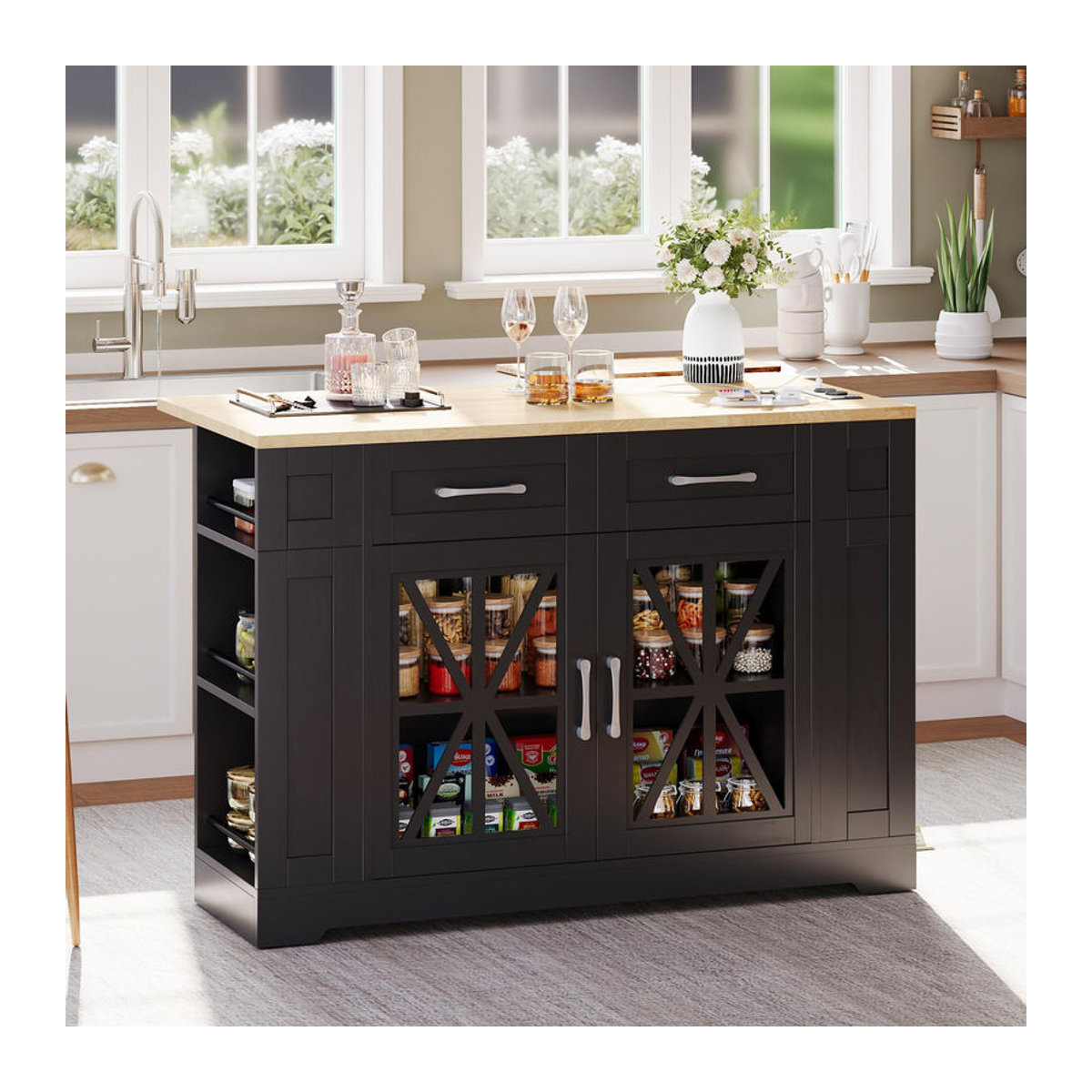 Kücheninsel von TG Electrical DE mit klappbarem Esstisch und erweiterbarer Arbeitsfläche in Schwarz und Naturfarbe, B/T/H: 120 x 40/65 x 92 cm - Bild 2