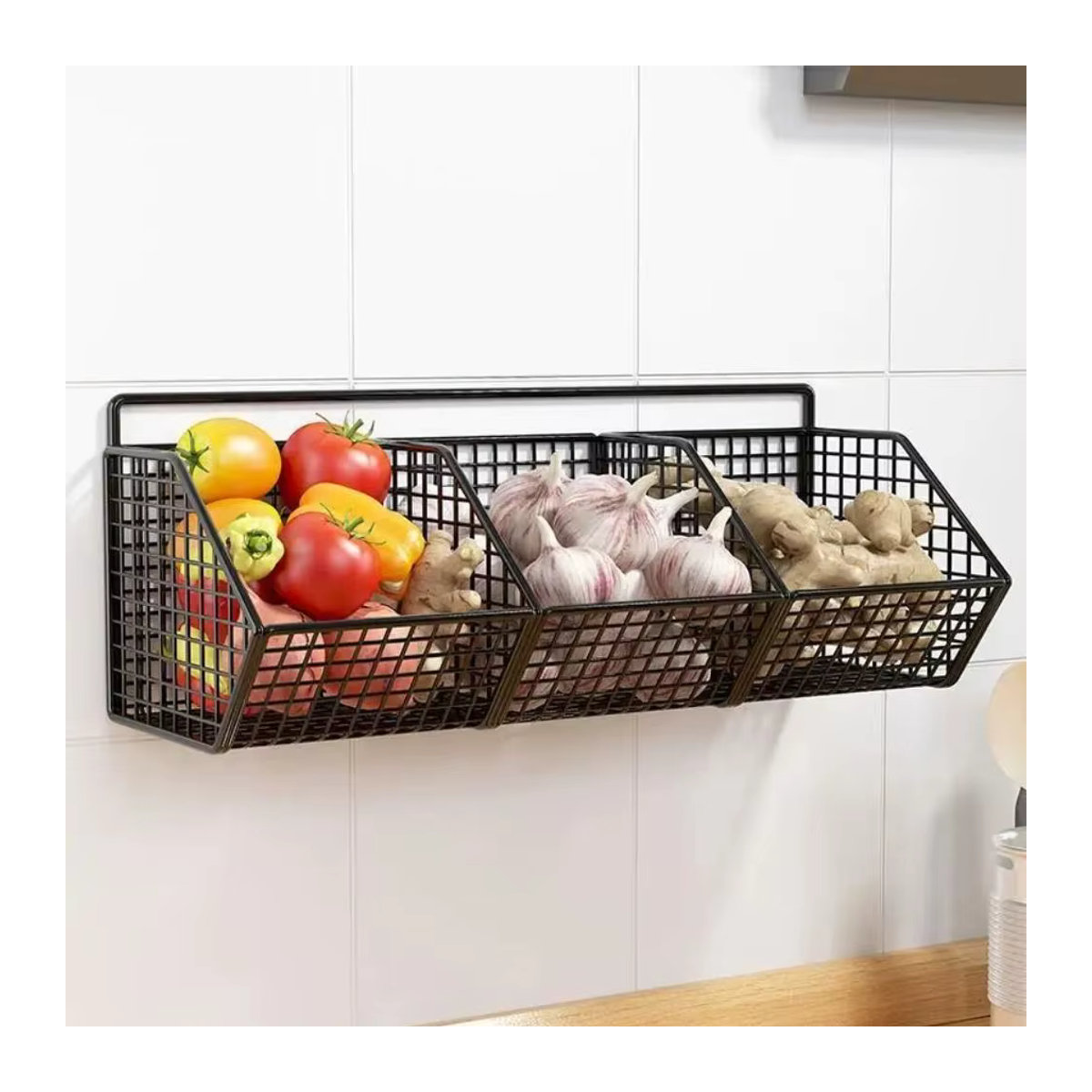 Küchenregal als Wandbehang für Zwiebeln, Ingwer und Knoblauch, schwarzer Gewürz- und Gemüsekorb zur Wandmontage ohne Bohren - Bild 2