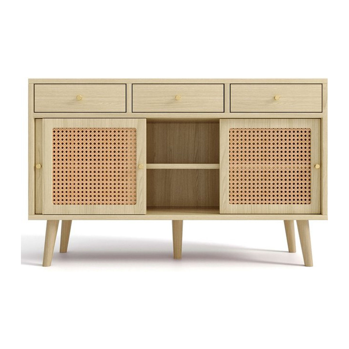 Küchenschrank Sideboard mit 3 Schubladen und 3 Schiebetüren aus Rattangeflecht in Eiche Natur, B/T/H: 120 x 40 x 78 cm - Bild 1