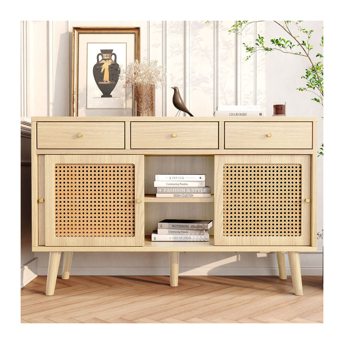Küchenschrank Sideboard mit 3 Schubladen und 3 Schiebetüren aus Rattangeflecht in Eiche Natur, B/T/H: 120 x 40 x 78 cm - Bild 2