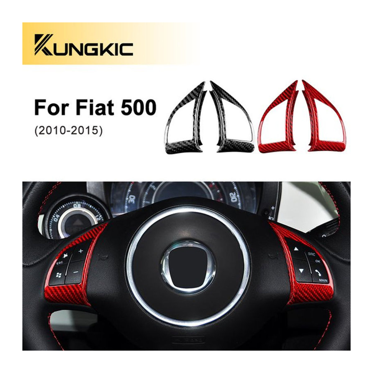 KUNGKIC Carbon Fiber Aufkleber für Fiat 500 Abarth 595 Lenkrad Taste Innen Trim in Schwarz - Bild 1