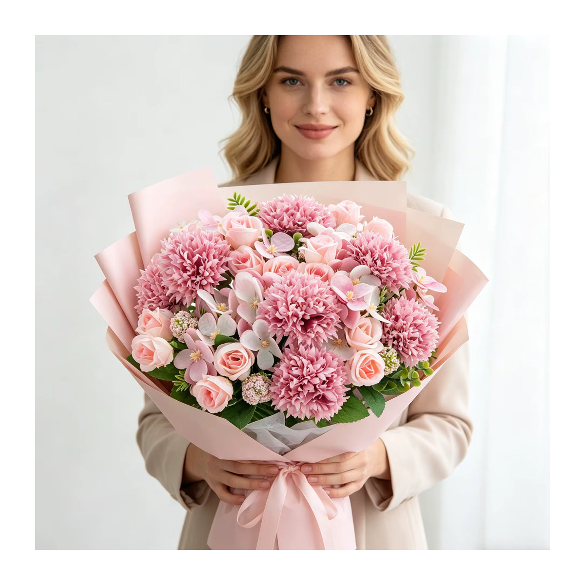 Künstliche Blumen aus Seide als dekorative Sträuße mit Rosen und Chrysanthemen für Hochzeiten, Muttertag oder als Geschenk zur Raumdekoration - Bild 1