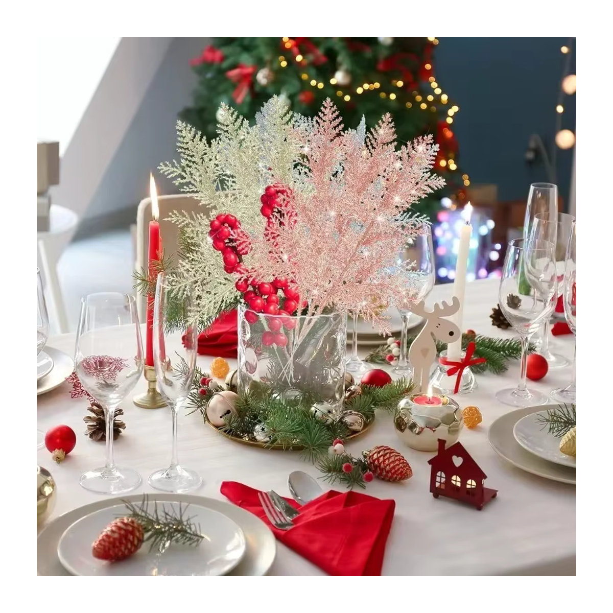 Künstliche Kiefernzweige mit Glitzer für Weihnachtsdekoration und Neujahrsgestaltung, Farbe: Grün - Bild 2