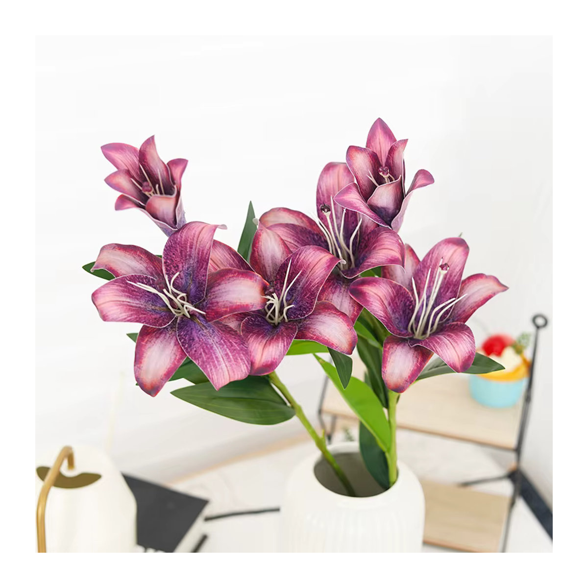 Künstliche Lilien Zweige von Kahaul in Lila und Braun, 3 Köpfe, Retro-Design für Hochzeit und Weihnachtsdekoration, Höhe: 72 cm - Bild 2