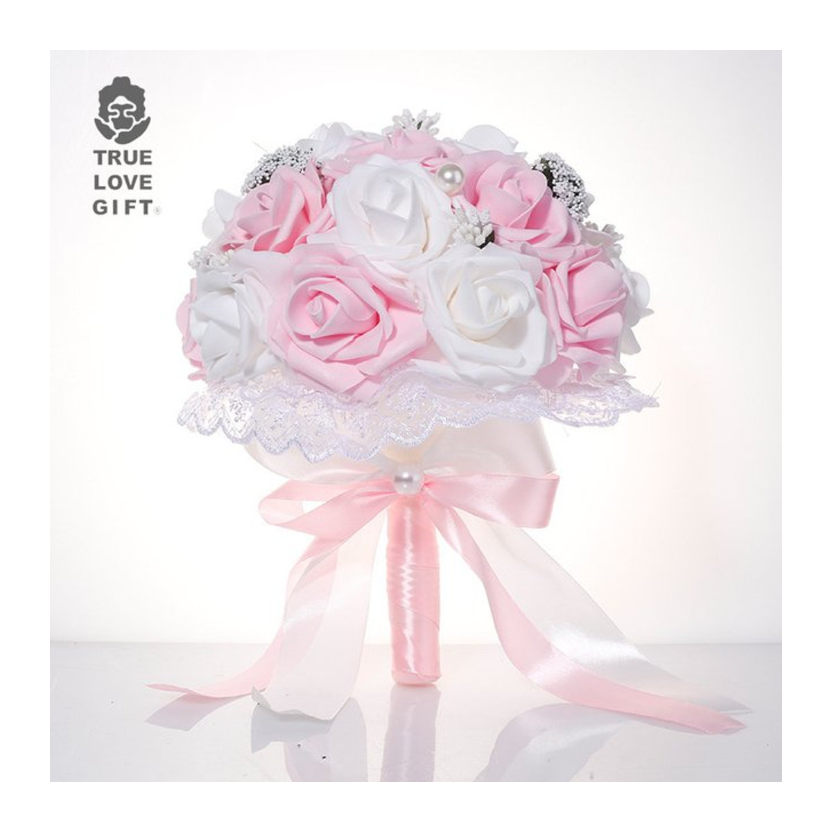 Künstlicher Brautstrauß in Rosa und Weiß, Klassisches Blumenbouquet aus Textil für deine Hochzeit - Bild 1