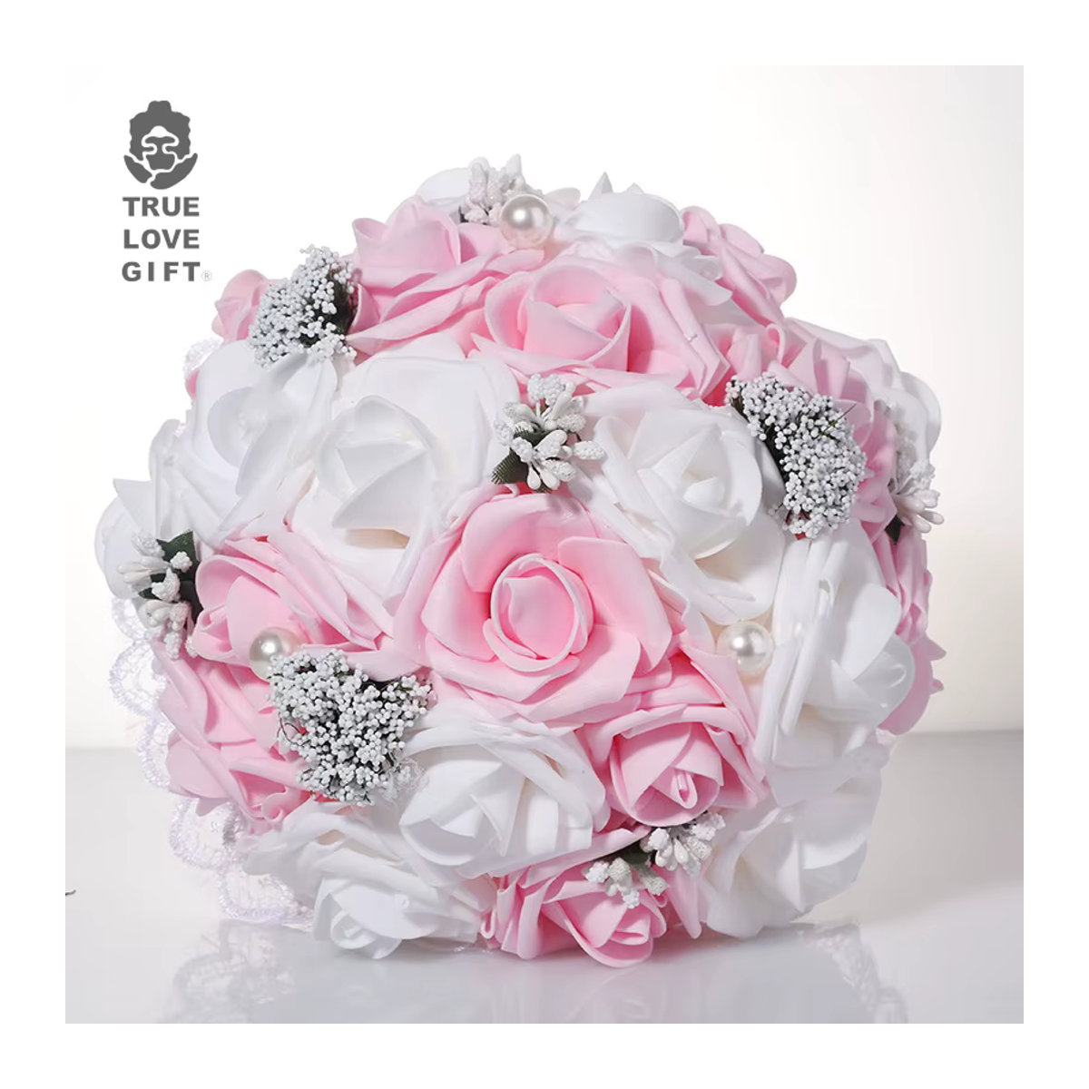 Künstlicher Brautstrauß in Rosa und Weiß, Klassisches Blumenbouquet aus Textil für deine Hochzeit - Bild 2