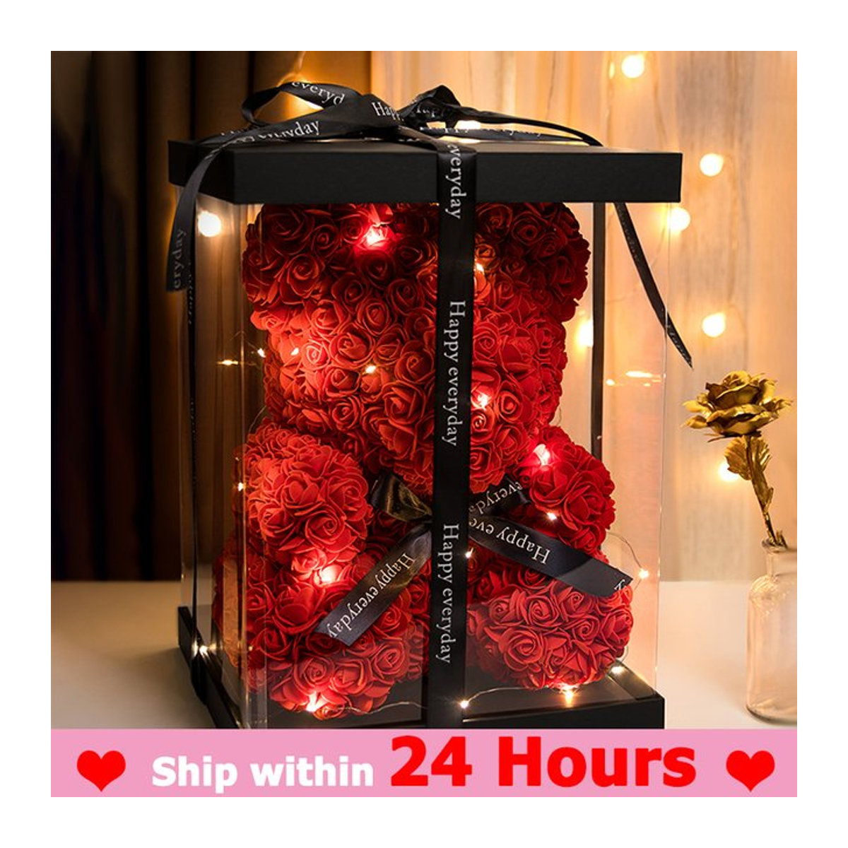 Künstlicher Rosenbär mit Box-Lichtern in Rot und Rose Pink als Geschenk für Frauen und Freundinnen - Bild 1