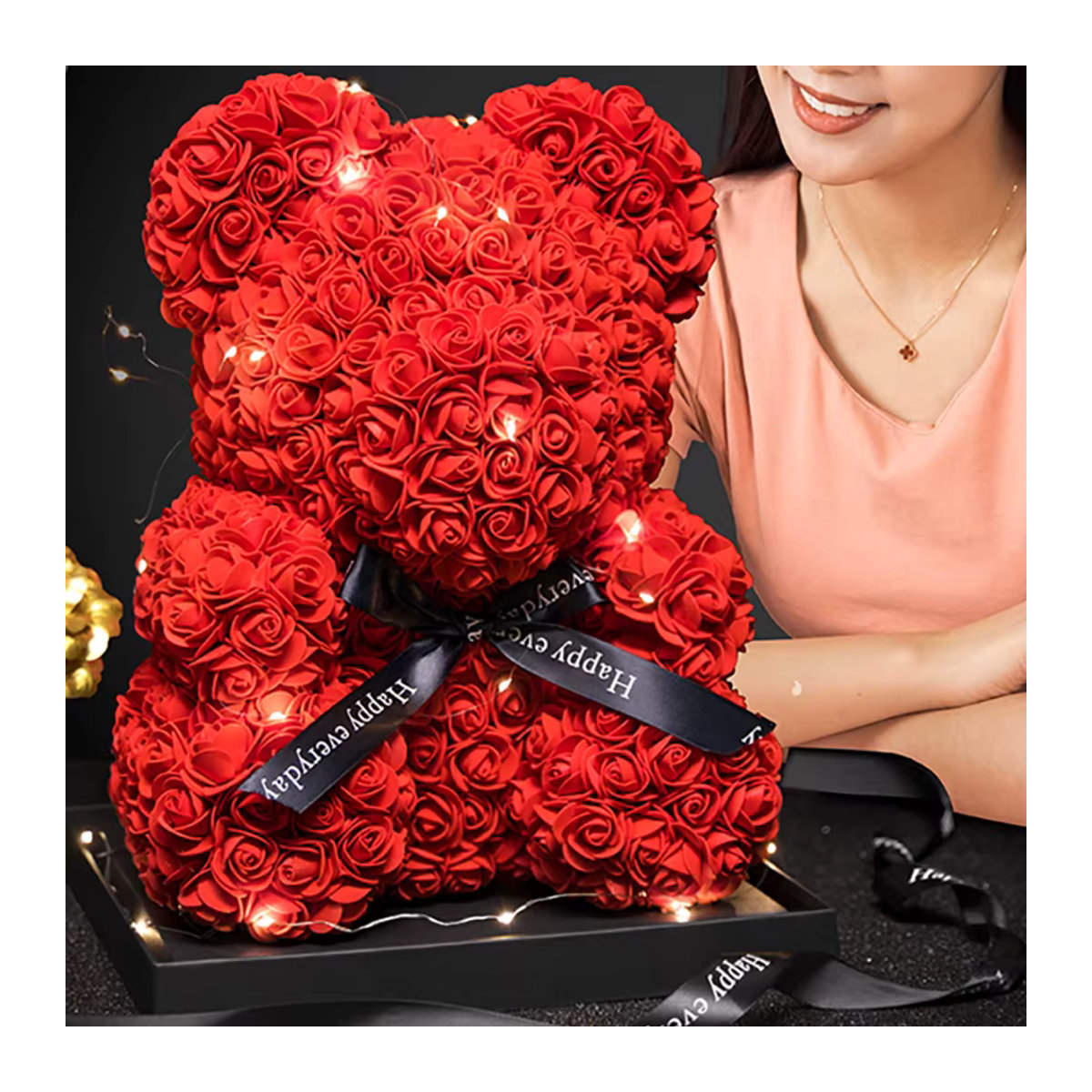 Künstlicher Rosenbär mit Box-Lichtern in Rot und Rose Pink als Geschenk für Frauen und Freundinnen - Bild 2