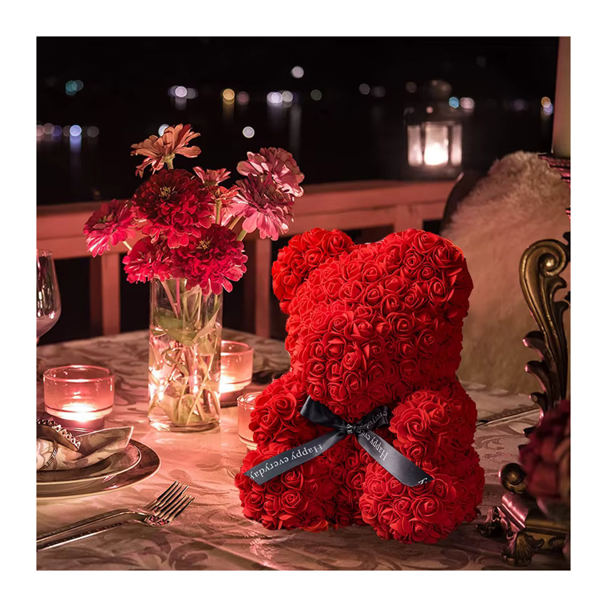 Künstlicher Rosenbär mit Box-Lichtern in Rot und Rose Pink als Geschenk für Frauen und Freundinnen - Bild 4