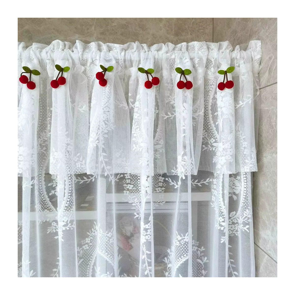 Kurzer Küchenvorhang aus weißer Spitze mit Kirsch-Design und grünen Akzenten, halbtransparenter Voile-Stoff für Fenster und Türen in Wohnzimmer und Küche - Bild 2