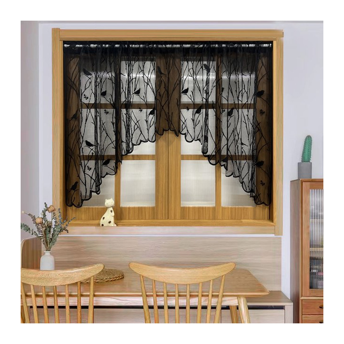 Kurzer Vorhang mit Landvogel-Stickerei und Spitze in Weiß, transparenter Voile mit Volant und Stangentasche für Küche oder Esszimmer, 1-teilig - Bild 1
