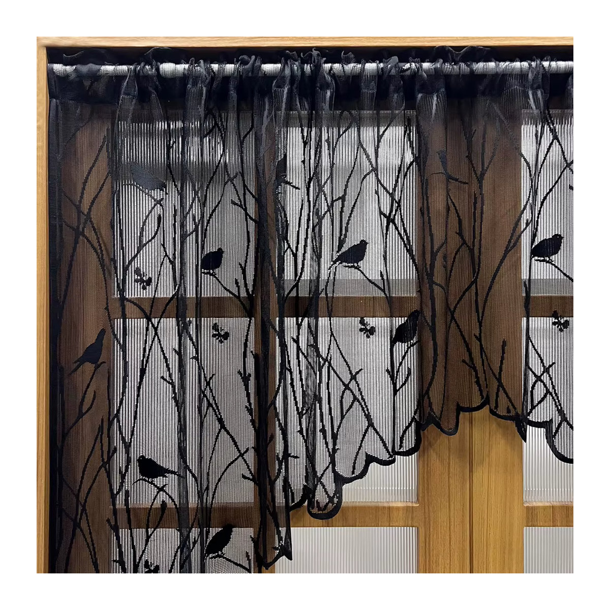 Kurzer Vorhang mit Landvogel-Stickerei und Spitze in Weiß, transparenter Voile mit Volant und Stangentasche für Küche oder Esszimmer, 1-teilig - Bild 2