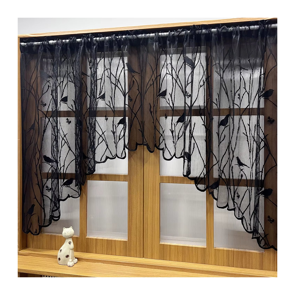 Kurzer Vorhang mit Landvogel-Stickerei und Spitze in Weiß, transparenter Voile mit Volant und Stangentasche für Küche oder Esszimmer, 1-teilig - Bild 3
