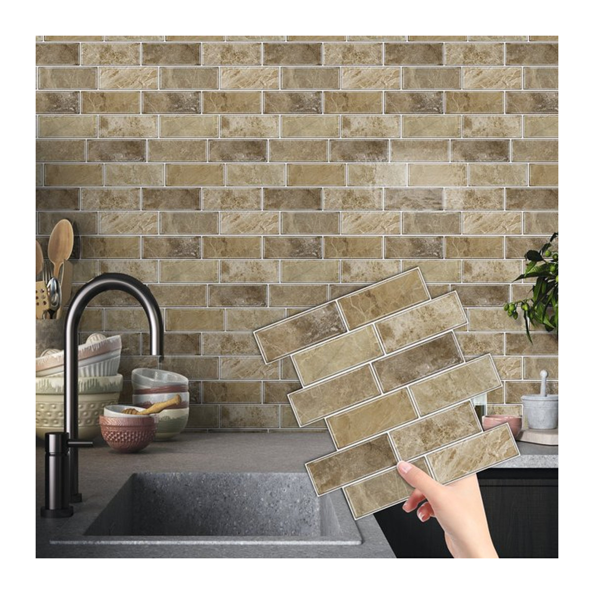 Kuujojo 3D Faux Drip Tile Selbstklebender Wandaufkleber, Beige, Geometrisch, B: 30,5 cm - Bild 1