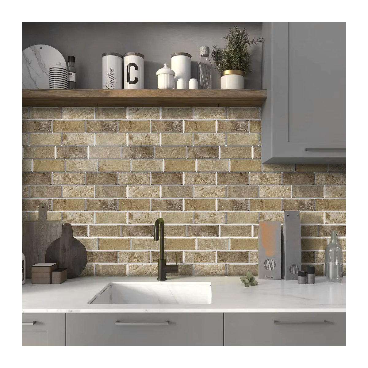 Kuujojo 3D Faux Drip Tile Selbstklebender Wandaufkleber, Beige, Geometrisch, B: 30,5 cm - Bild 5