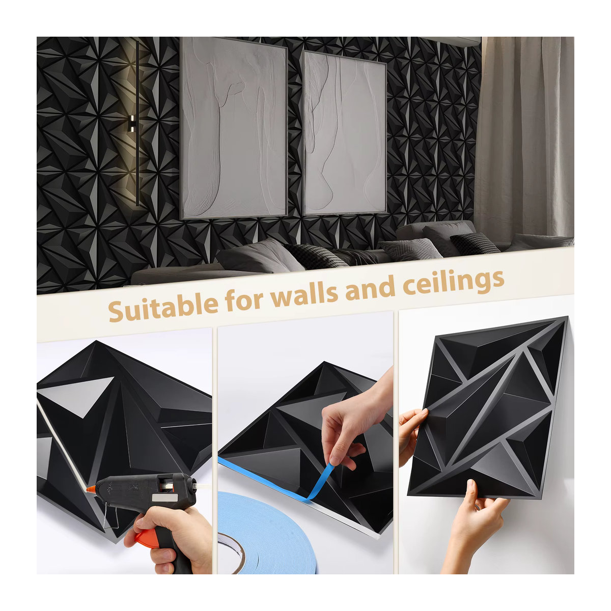 KUUJOJO 3D Wandpaneel in Schwarz mit geometrischem Design für die moderne Innenwanddekoration - Bild 5