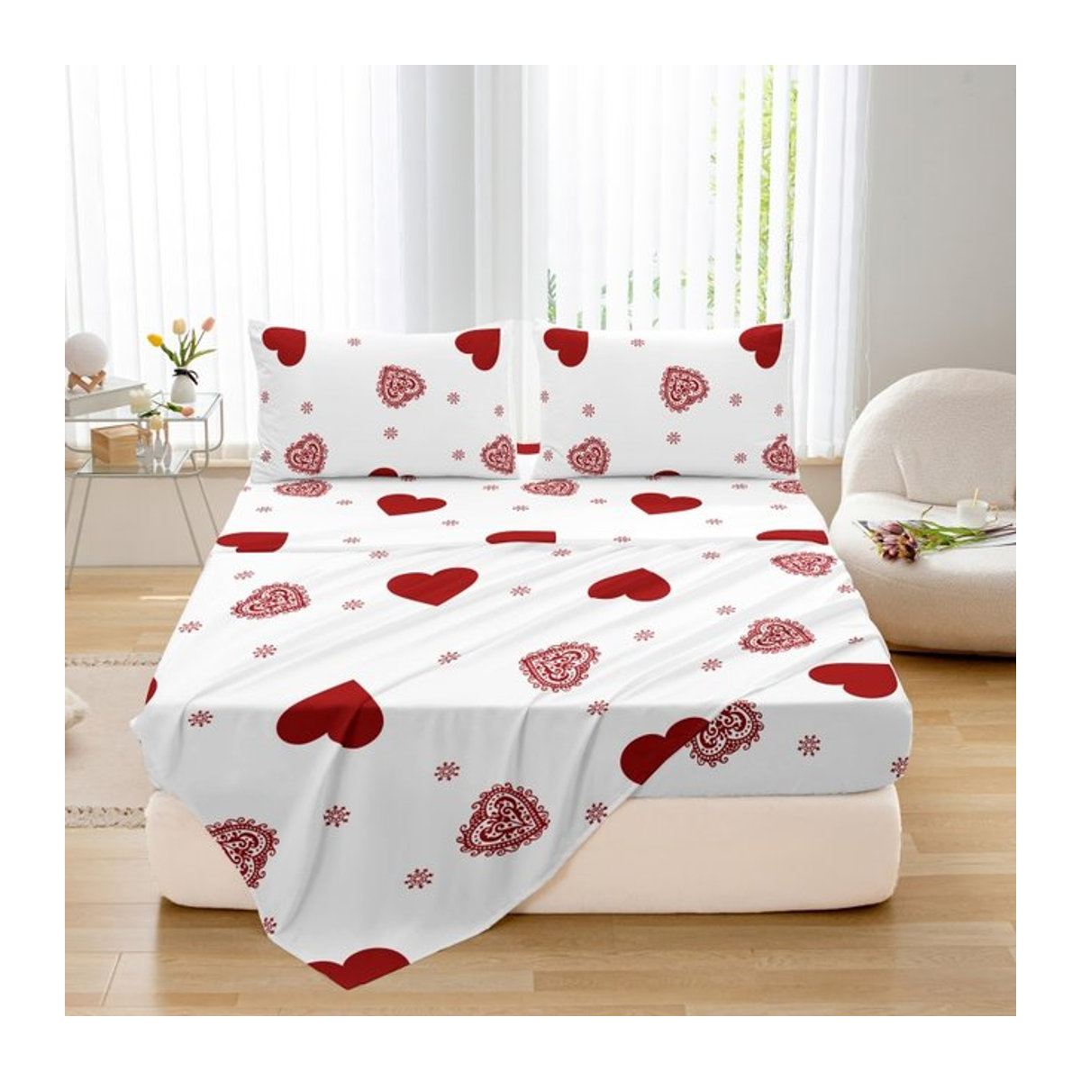 Kuup 3-teiliges Bettwäsche-Set mit Herz-Aufdruck in Rot inklusive Spannbettlaken - Bild 1