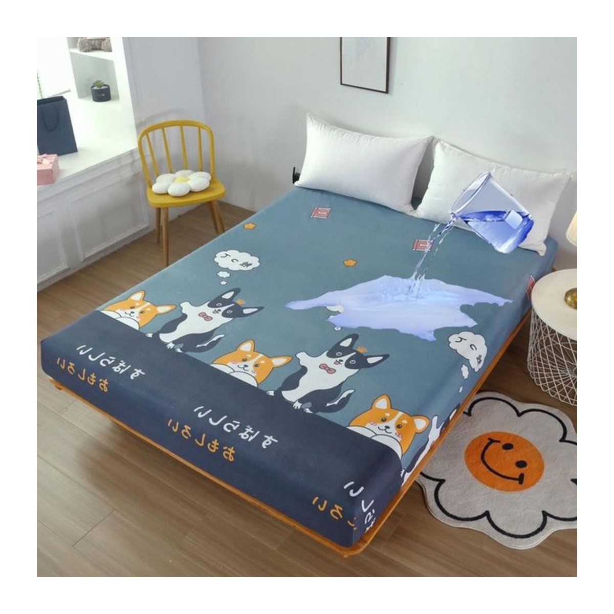 Kuup Wasserdichtes Cartoon-Spannbetttuch aus Polyester in Blau und Gold, King-Size, ohne Kissenbezug - Bild 1