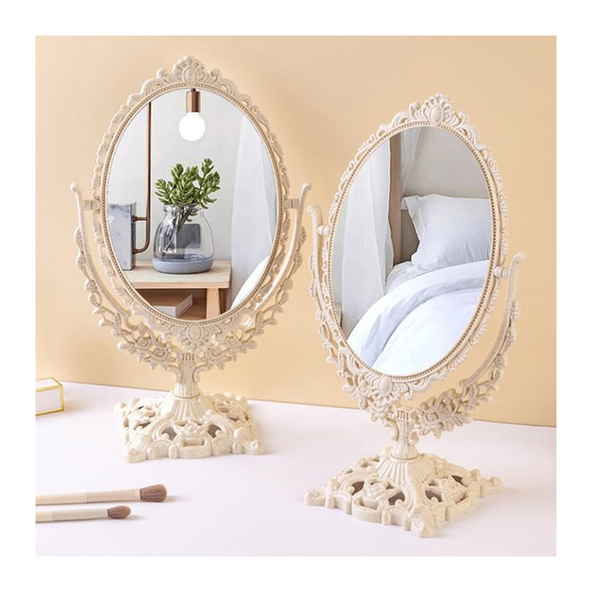 KuZHEN Vintage Make-up Spiegel in Creme mit floralem Design, ovaler Form aus Kunststoff - Bild 1