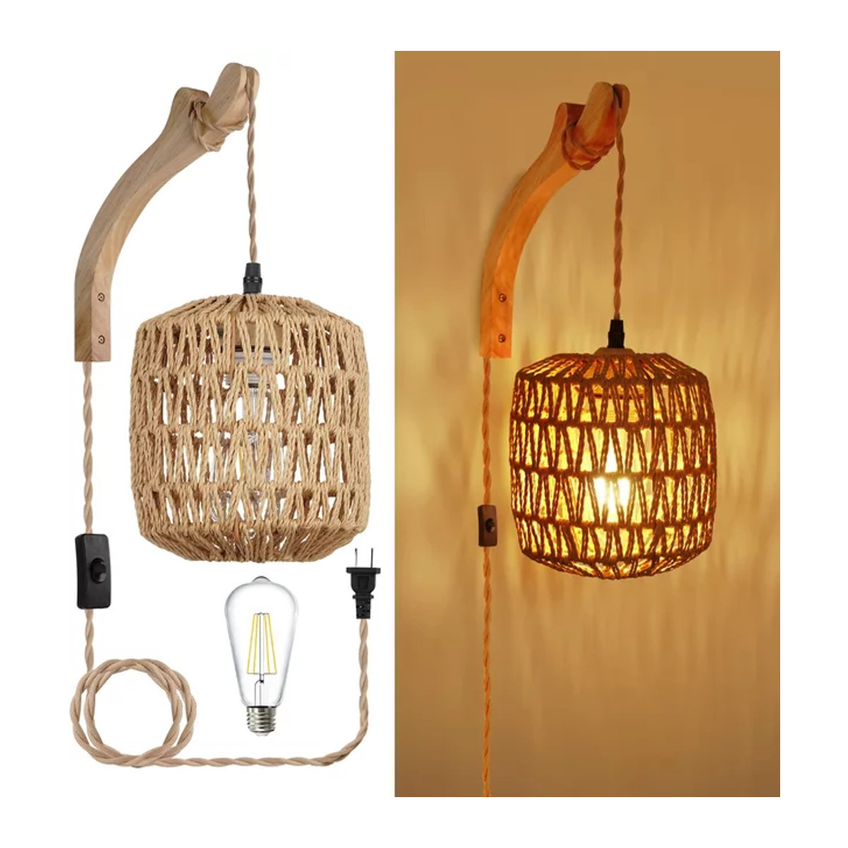 L-MANG Wandlampe aus Rattan im Retro-Bohemian-Stil mit Hanfseil und E27 Fassung in Natur - Bild 1