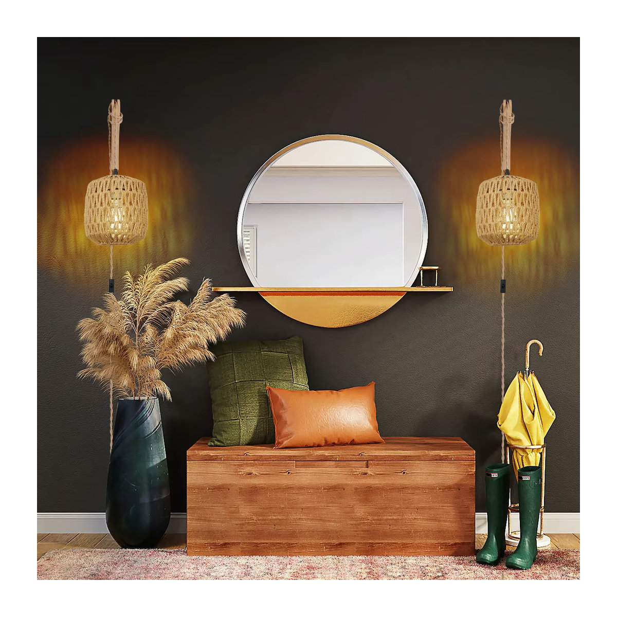 L-MANG Wandlampe aus Rattan im Retro-Bohemian-Stil mit Hanfseil und E27 Fassung in Natur - Bild 3