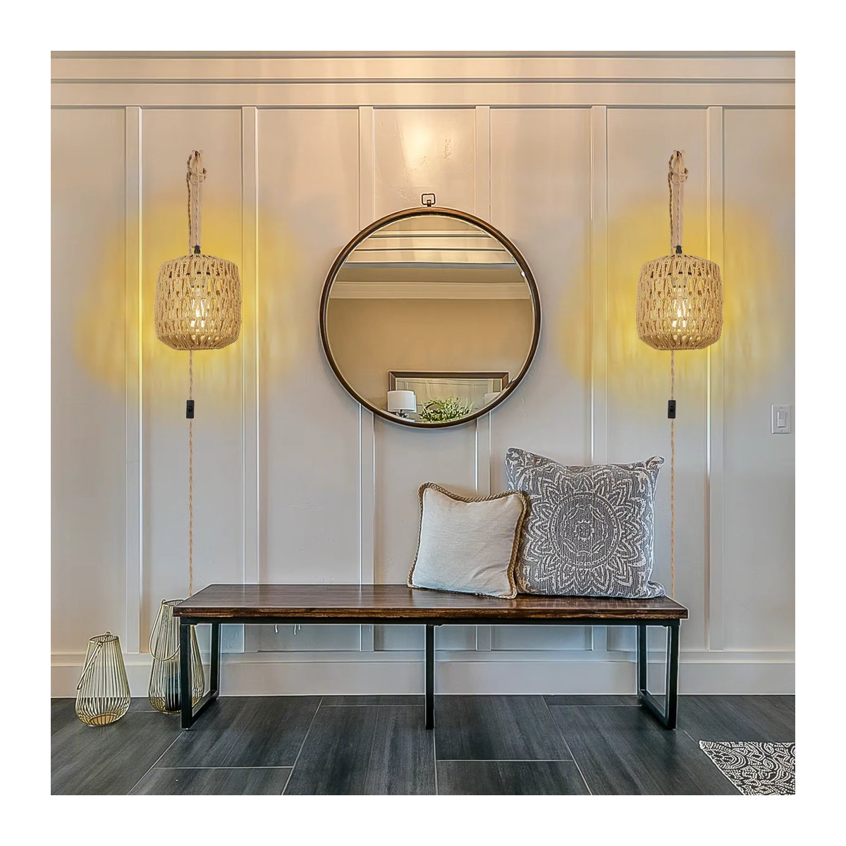 L-MANG Wandlampe aus Rattan im Retro-Bohemian-Stil mit Hanfseil und E27 Fassung in Natur - Bild 4