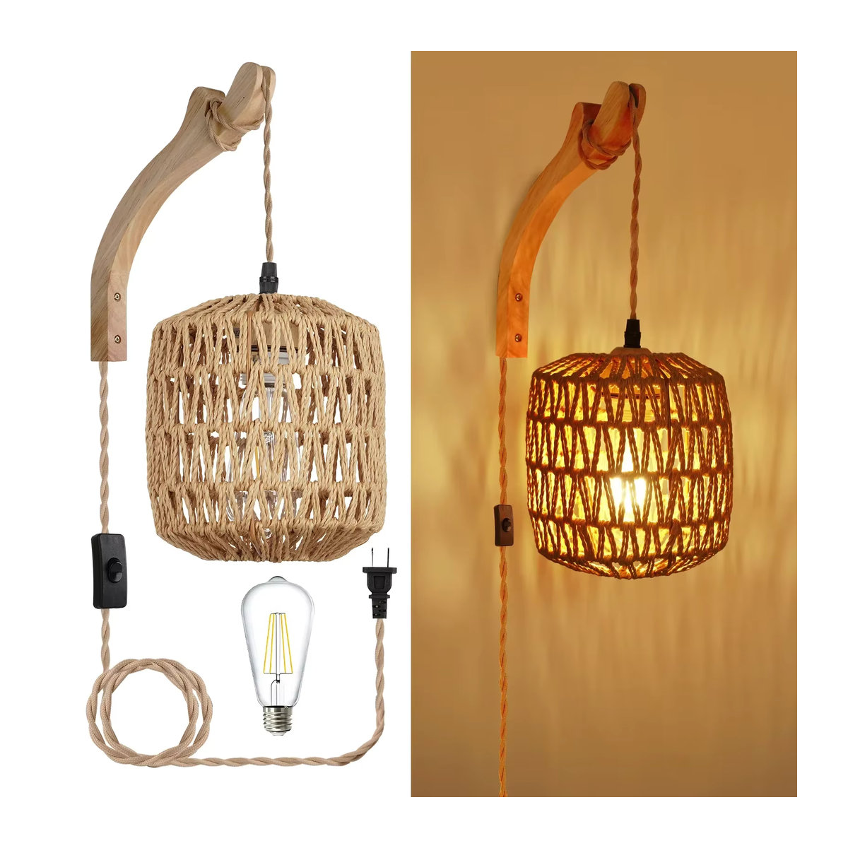 L-MANG Wandlampe aus Rattan im Retro-Bohemian-Stil mit Hanfseil und E27 Fassung in Natur - Bild 7