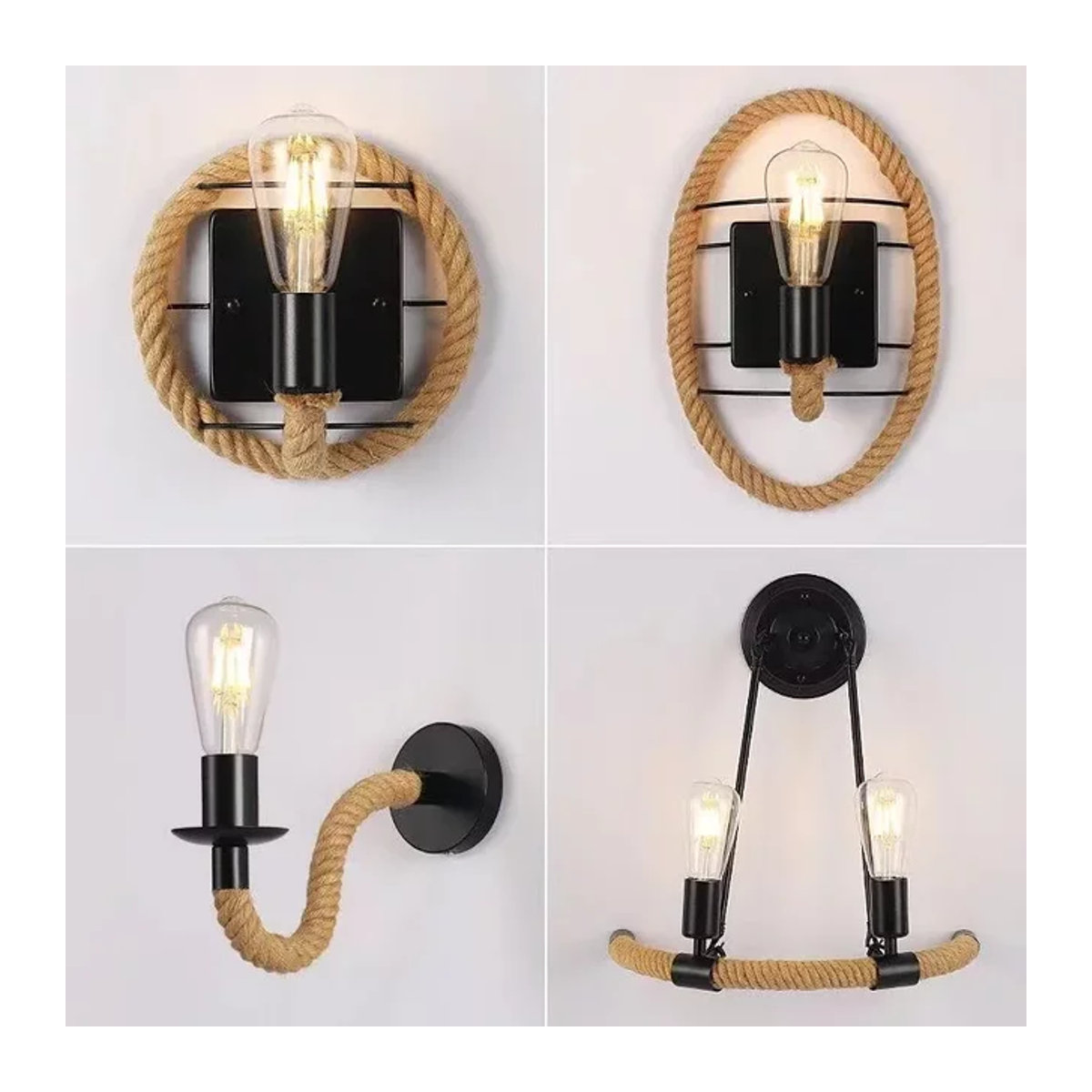 L-MANG Wandlampe im Industrial Design aus Metall und Hanfseil in Schwarz - Bild 1